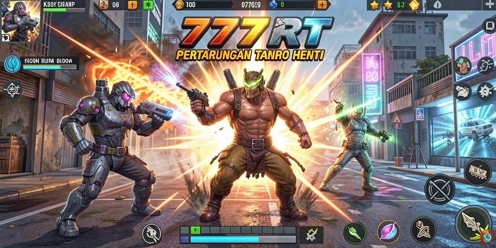 Tampilan utama gameplay 777RT dengan aksi pertarungan yang mendebarkan.