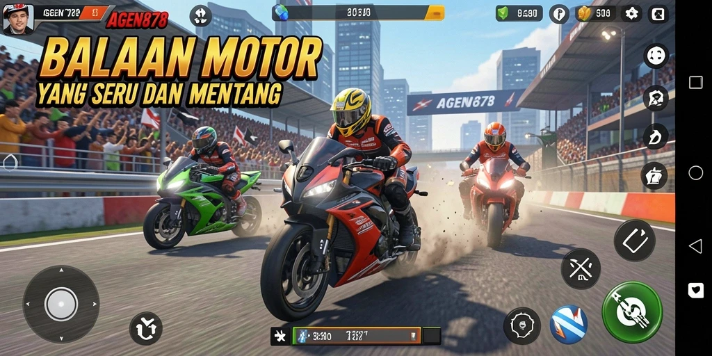 Screenshot menunjukkan aksi balapan motor yang mendebarkan di AGEN878.