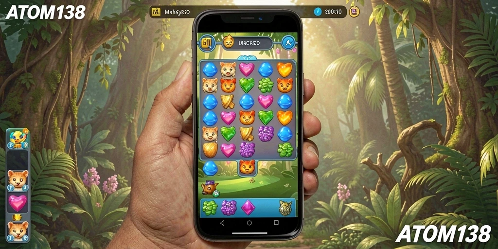 Screenshot gameplay ATOM138, menunjukkan keseruan mencocokkan elemen berwarna.