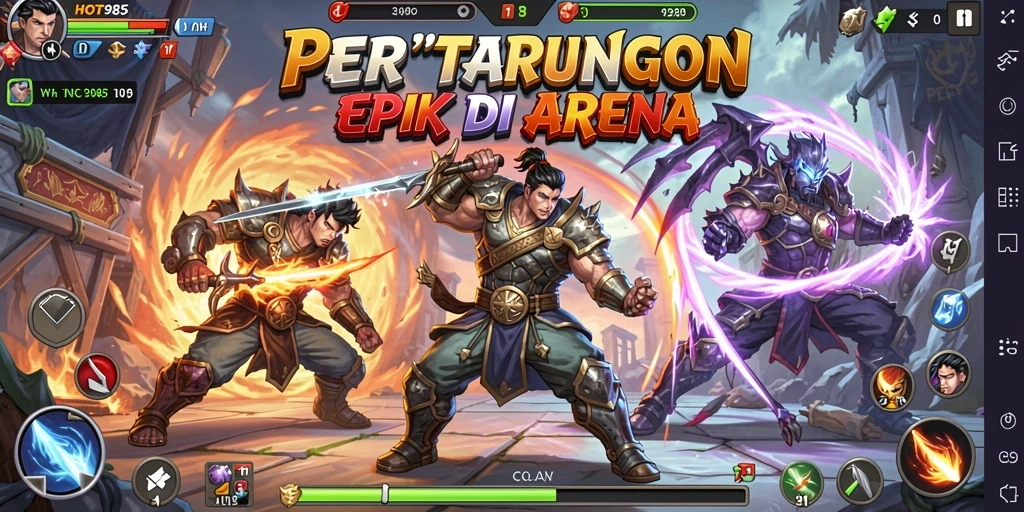 Gambaran pertarungan seru dari HOT985 antara karakter-karakter unik.