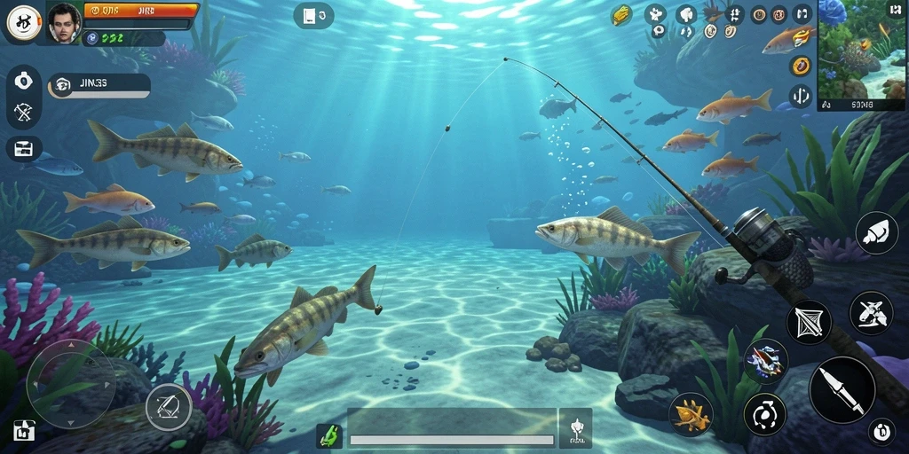Screenshot utama JIN33 menampilkan pemain yang menangkap ikan di lokasi tropis.