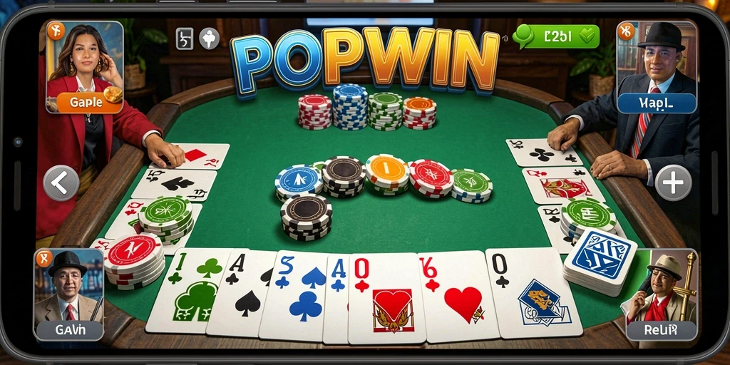 Tampilan utama gameplay POPWIN dengan suasana permainan Gaple yang seru.