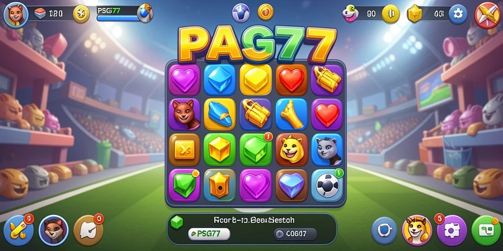 Screenshot utama PSG77 menampilkan gameplay Match-3 yang seru.