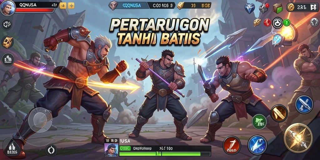 Tampilan gameplay menegangkan dalam QQNUSA saat karakter bertarung.