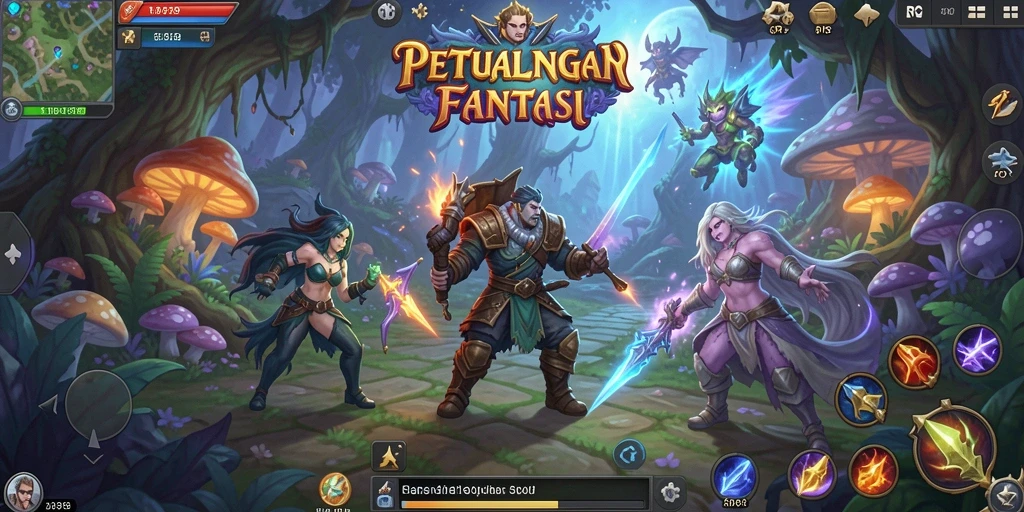 Screenshot gameplay RP8 menampilkan pertarungan seru dan eksplorasi dunia fantasi.