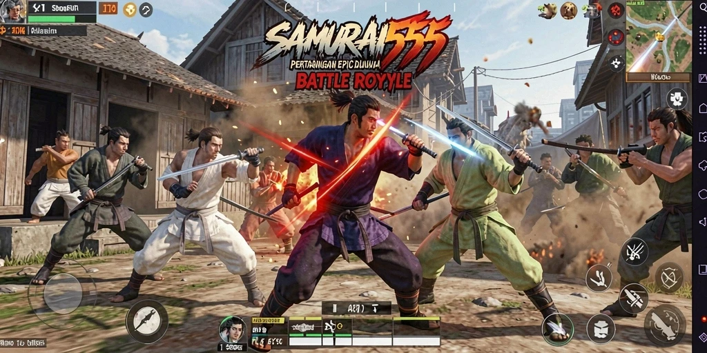 Screenshot utama menunjukkan aksi seru dalam pertarungan Battle Royale.