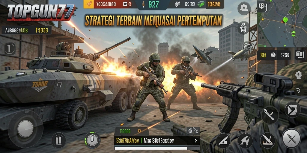 Screenshot gameplay menampilkan pertempuran strategis yang mendebarkan di TOPGUN77.