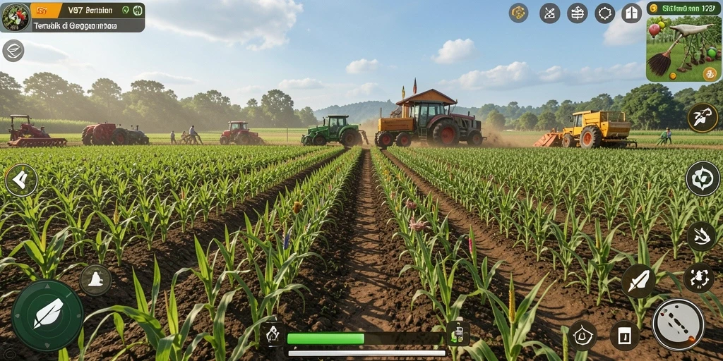 Screenshot gameplay V87 menunjukkan ladang yang subur dengan berbagai tanaman.